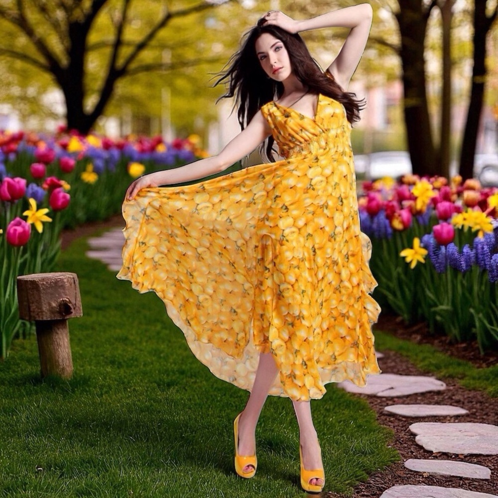 NWOT Beautiful Lemon Print inspired Working Women Maxi Dress sz‎ S/M